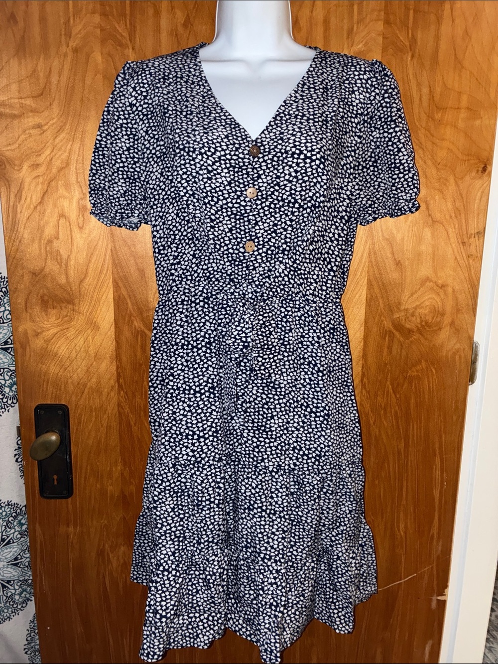 Anna - Kaci California Navy Blue & White V-Neck Tie-Waist Dress - Size L